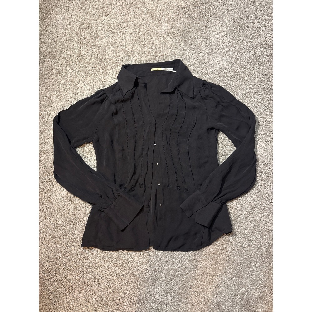 Max Studio Black 100% Silk Pintuck Embroidered Long Sleeve Blouse Medium